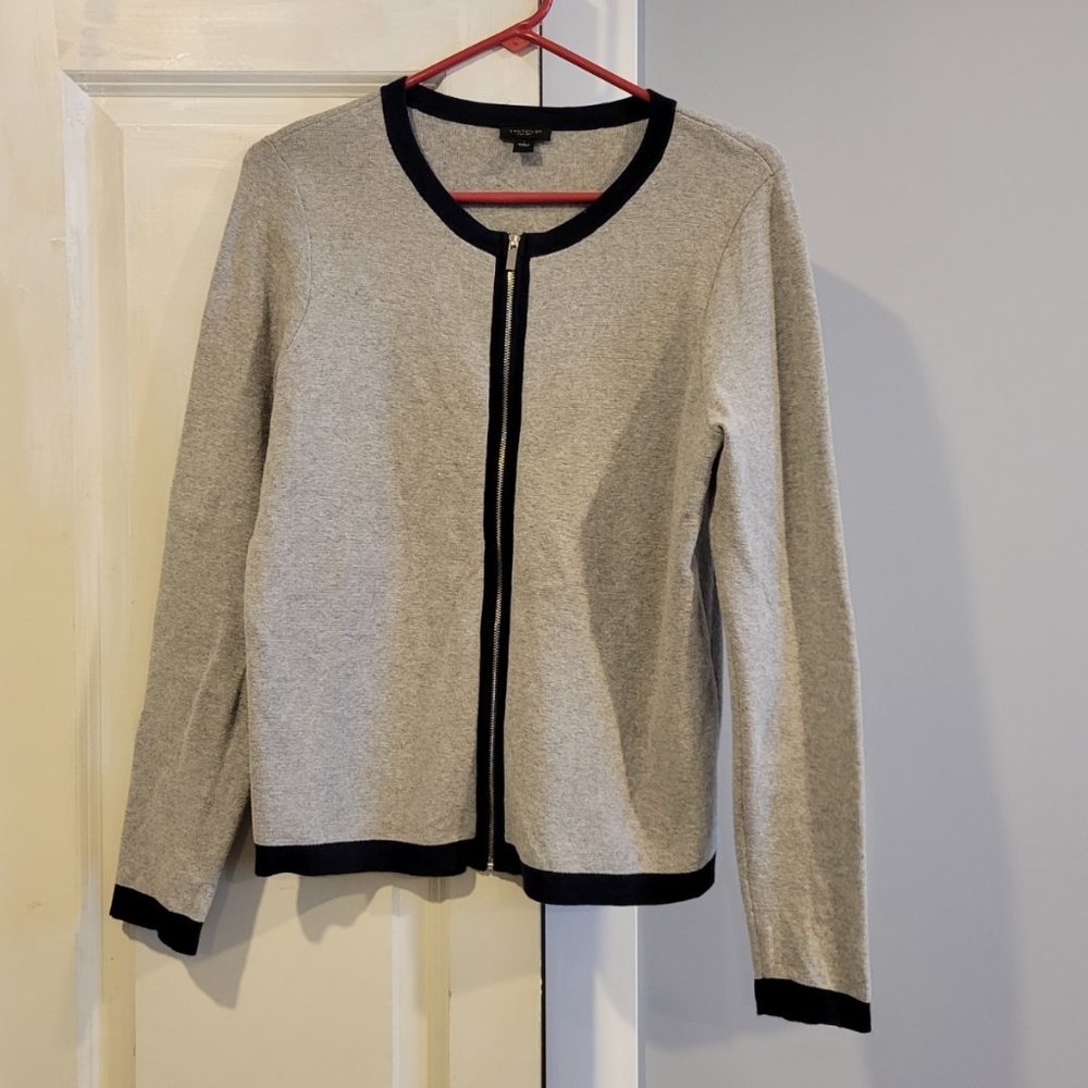 Ann Taylor Factory Grey with Navy Trim zip up sweater Size L